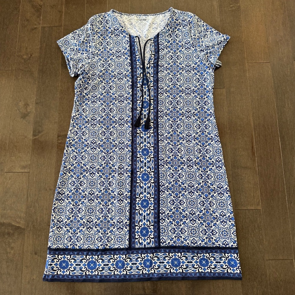 Lands End Womens Mini Shift Dress Tassel Vacation Travel Resort‎ Navy White M/L